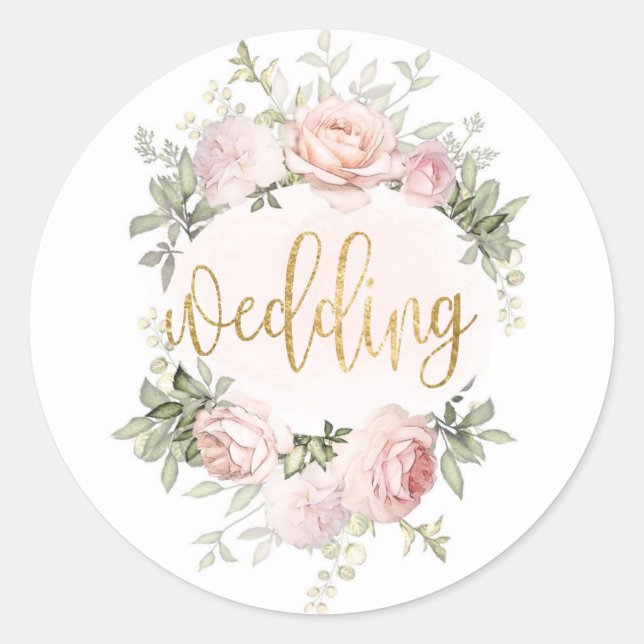 Spring Pink Watercolor Rose Peony Gold Hochzeit Runder Aufkleber (Vorderseite)