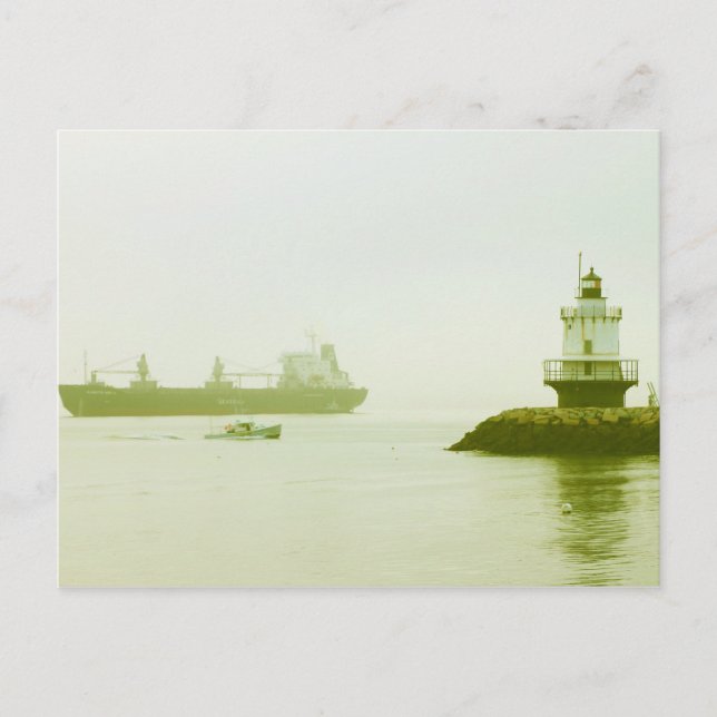 Spring Point Ledge Lighthouse Freighter Portland Postkarte (Vorderseite)