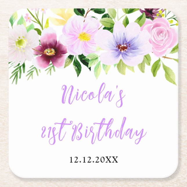 Spring Purple Floral Birthday Rechteckiger Pappuntersetzer (Vorderseite)