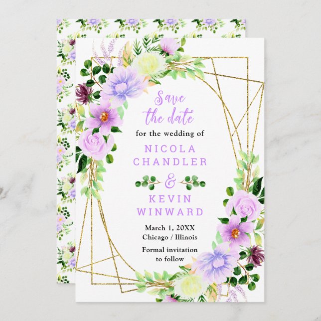 Spring Purple Flowers with Foliage Save The Date (Vorne/Hinten)