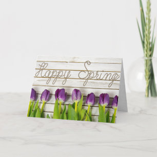 spring purple tulips on wood feiertagskarte