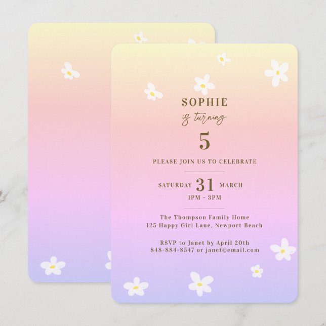 Spring Rainbow White Daisies Girl Birthday Party Einladung (Vorne/Hinten)