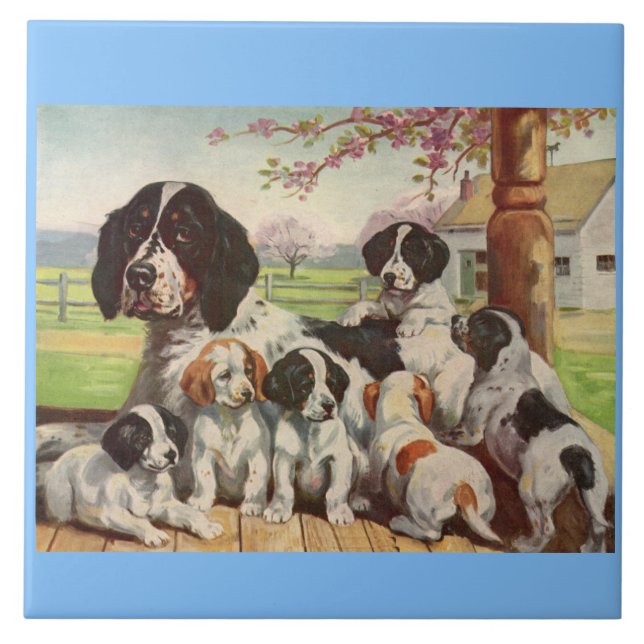 Spring Spaniel Mom and Welpen Fliese (Vorderseite)