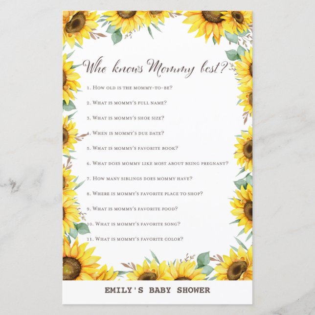 Spring Sunflower Baby Shower Game DRUCKT (Vorderseite)