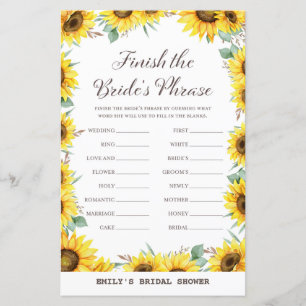 Spring Sunflower Brautparty Game DRUCKT