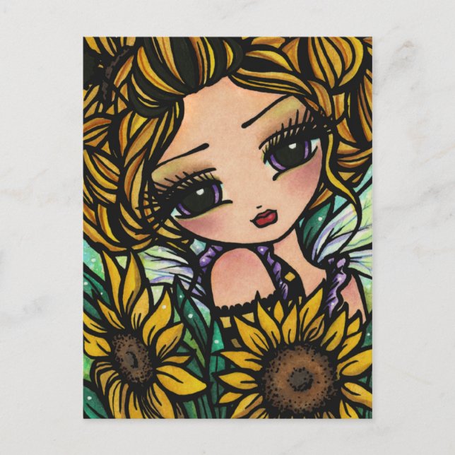 Spring Sunflower Bumblebee Fairy Fantasy Fantastis Postkarte (Vorderseite)