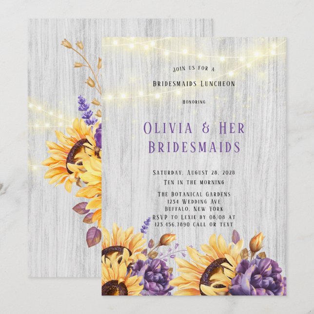 Spring Sunflower Lila Peony Bridesmaids Luncheon Einladung (Vorne/Hinten)