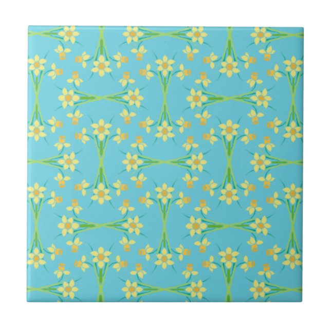 Spring Sunshine Daffodils Sky Blue Keramik Tile Fliese (Vorderseite)