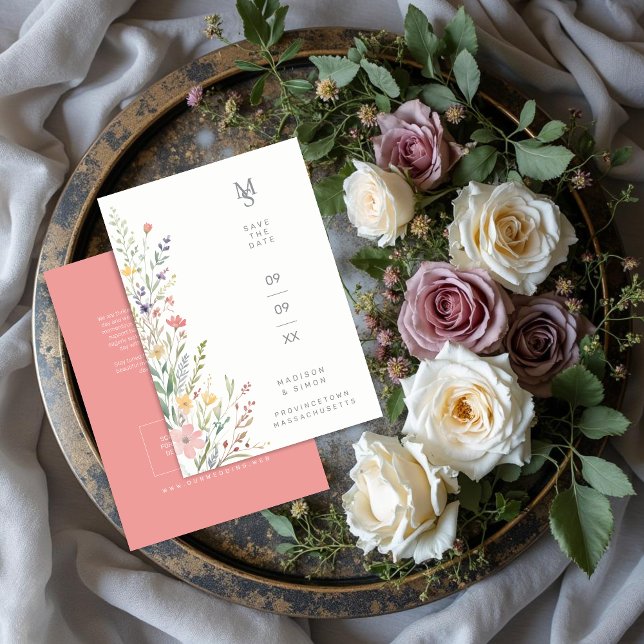 Spring Sweet Wildflowers Branches Wedding Pink Save The Date (Spring Sweet Wildflowers Branches Wedding Save the Date Card with Back QR Code and Peachy Pink Back.)