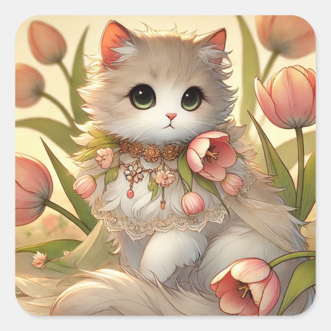 Spring Tulip Cat Quadratischer Aufkleber (Vorderseite)