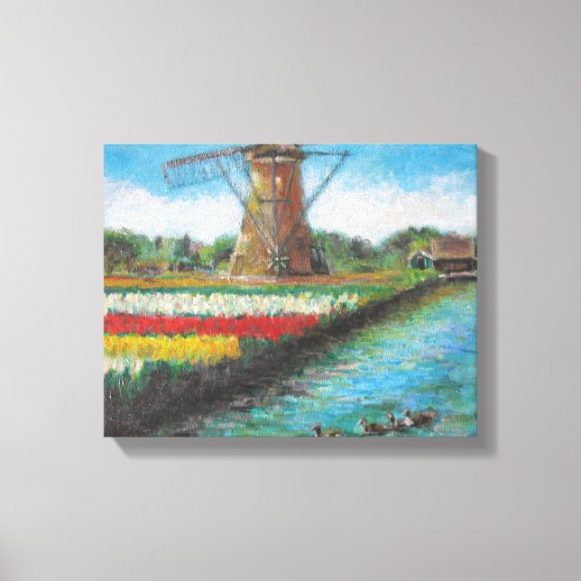 Spring Tulips Windmill Landschaft Holland Malerei Leinwanddruck (Vorderseite)