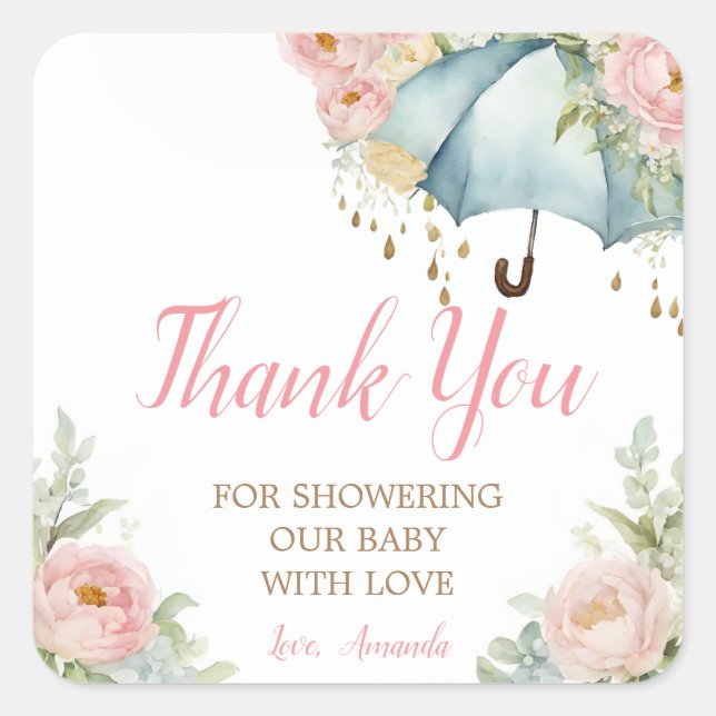 Spring Umbrella Baby Dusche Danke Quadratischer Aufkleber (Vorderseite)