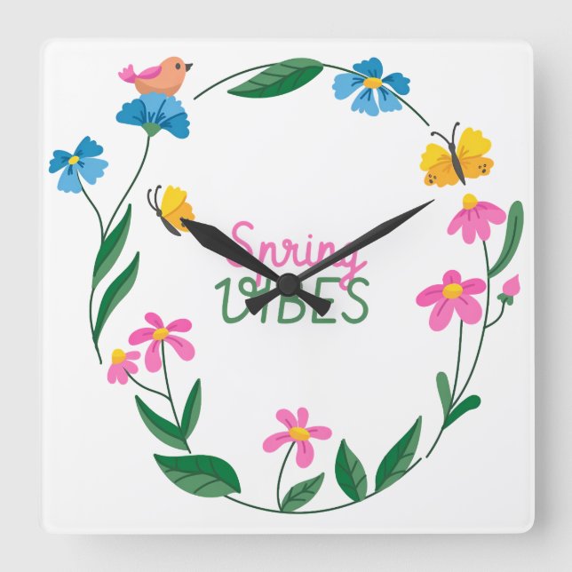 Spring Vibes with Flowers and Butterflies Quadratische Wanduhr (Vorderseite)