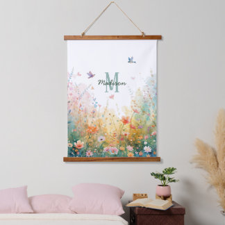 Spring Watercolor Birds Floral Monogram Wildflower Wandteppich Mit Holzrahmen