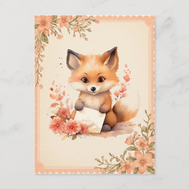 Spring Watercolor Fox mit einem Buchstaben - Postkarte (Vorderseite)
