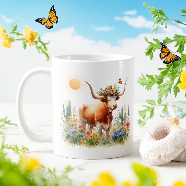 Spring Watercolor Texas Longhorn Kaffeetasse (Von Creator hochgeladen)