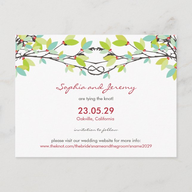 Spring Wedding Knotted Liebe Trees Save the Date Ankündigungspostkarte (Vorderseite)
