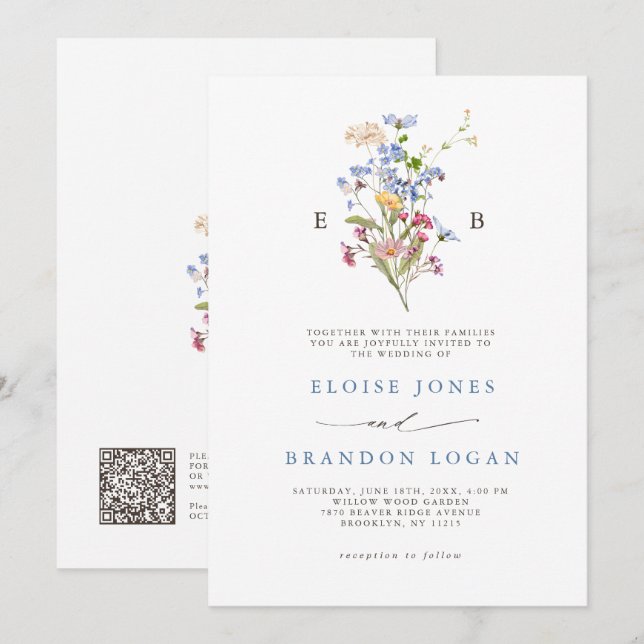 Spring Wildflower Meadow Garden QR Code Wedding   Einladung (Vorne/Hinten)
