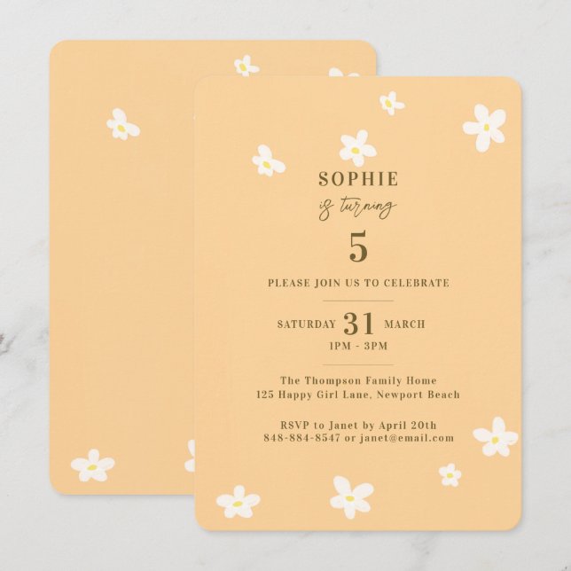 Spring Yellow White Daisies Girl Birthday Party Einladung (Vorne/Hinten)