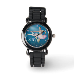 Springen der Ballerina auf Blau, Monogramm Armbanduhr