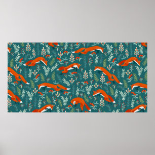 Springen von roten Füchsen mit Ornamenten nahtlose Poster