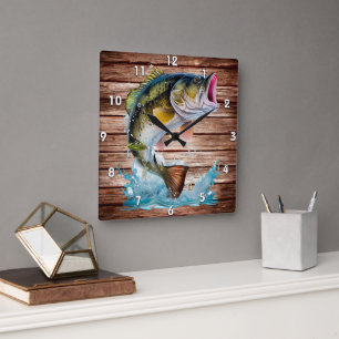 Springender Bass Gone Fishing Quadratische Wanduhr