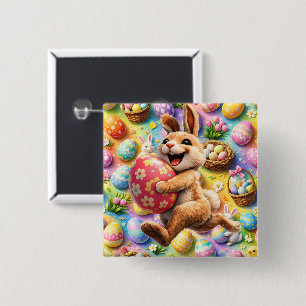 Springender Hase und florales Ei skurrile Osterwan Button