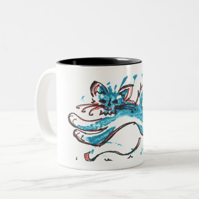 Springenwasser-Katze der Kaffee-Tasse helles Blau Zweifarbige Tasse (Vorderseite Links)