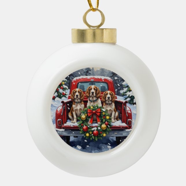 Springer Spaniel Christmas Red Truck Holiday Keramik Kugel-Ornament (Vorderseite)