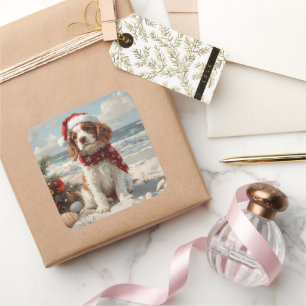 Springer Spaniel Dog Christmas Vintag Beach Quadratischer Aufkleber