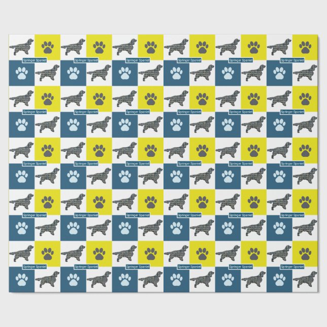 Springer Spaniel Dog Silhouette & Paw Y&B Grid Geschenkpapier (Saum)