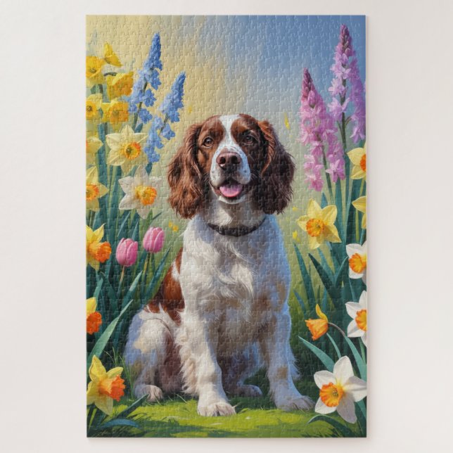 Springer Spaniel Dog Spring Blumen Malerei (Vertikal)