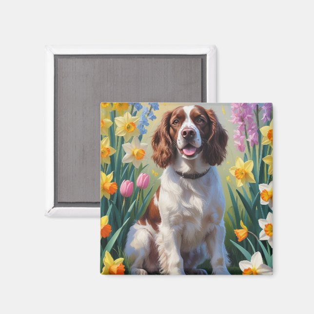 Springer Spaniel Dog Spring Blumen Malerei Magnet (Vorderseite/Rückseite)