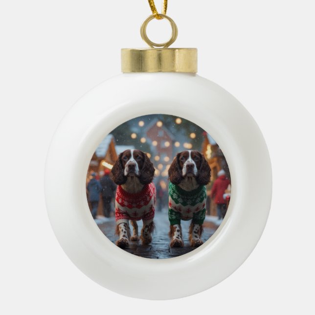 Springer Spaniel Dogs Christmas Snow Holiday Keramik Kugel-Ornament (Vorderseite)