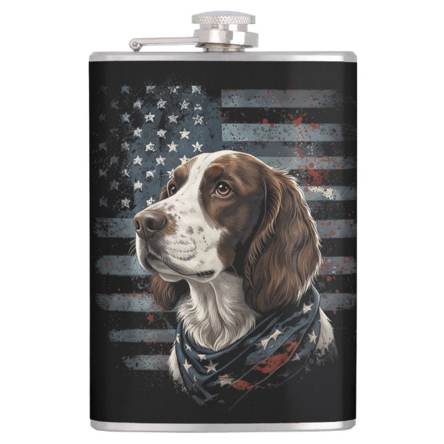 Springer Spaniel Hund Amerikanische Flagge Flachmann (Vorderseite)