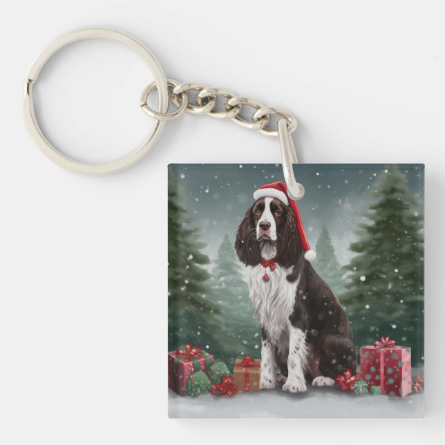 Springer Spaniel Hund in Schneeweihen Schlüsselanhänger (Vorderseite)
