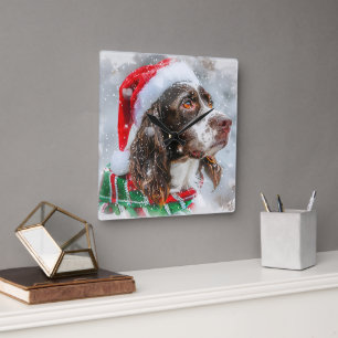 Springer Spaniel Hund Weihnachten Festlich Quadratische Wanduhr