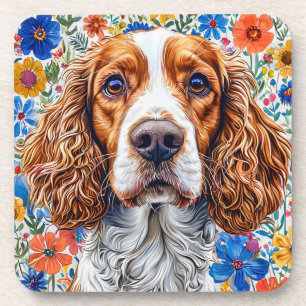 Springer Spaniel mit farbenfrohem floralem Hinterg Getränkeuntersetzer