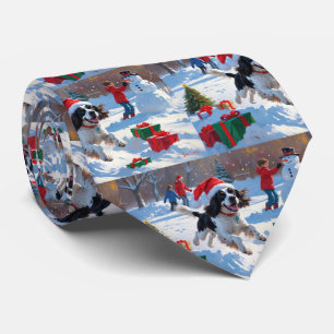 Springer Spaniel Running Snow mit Weihnachtshut Krawatte