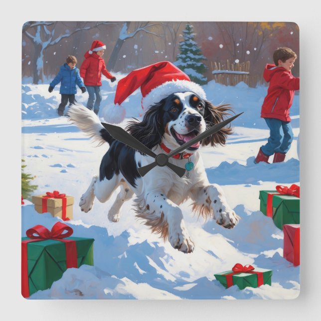 Springer Spaniel Running Snow mit Weihnachtshut Quadratische Wanduhr (Vorderseite)