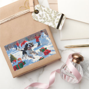 Springer Spaniel Running Snow mit Weihnachtshut Rechteckiger Aufkleber