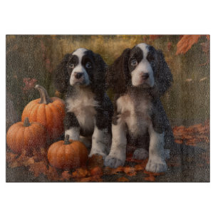 Springer Spaniel Welpe Herbstvergnügen Kürbis Schneidebrett