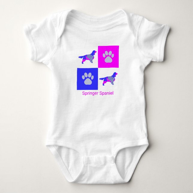 Springer-Spaniels Dog & Paw Print Pink und Blue Baby Strampler (Vorderseite)