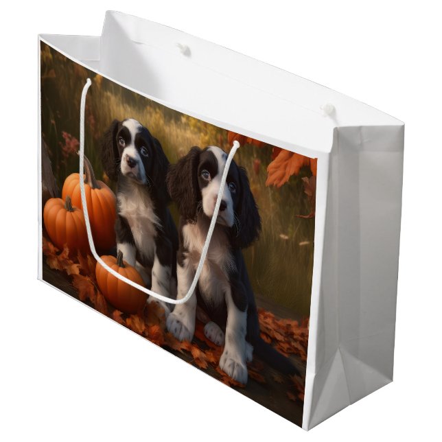 Springer Spanier Welpe Autumn Delight Pumpkin Große Geschenktüte (Vorderseite Schrägansicht)