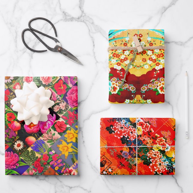 Springs Set Floral, Mah Jongg und Melange Geschenkpapier Set (Vorderseite)