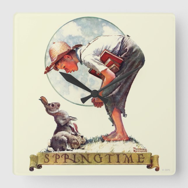 Springtime, 1935 Junge mit Hase Quadratische Wanduhr (Vorderseite)