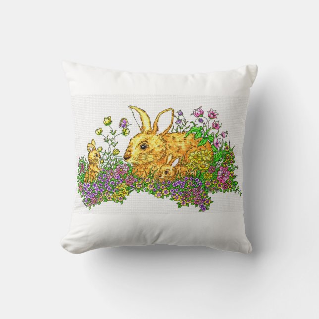 Springtime Bunnies in einem Bereich der Blume Kissen (Vorderseite)