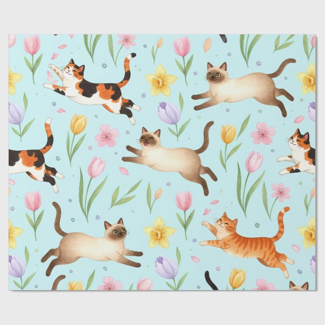 Springtime Cat Parade – Leaping Felines & Blossoms Geschenkpapier (Flach)