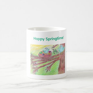 Springtime coffee mug with baby and mother bird  kaffeetasse