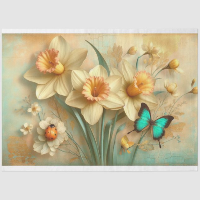 Springtime Daffodils Schmetterlinge Ladybug Decoup Seidenpapier (Vorderseite)